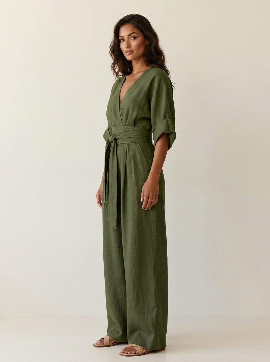 Women's jumpsuit, v neck cinched waist, view 4