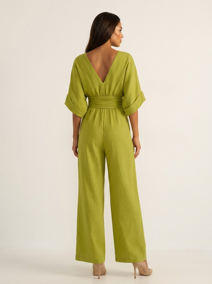 Women's jumpsuit, v neck cinched waist, view 1
