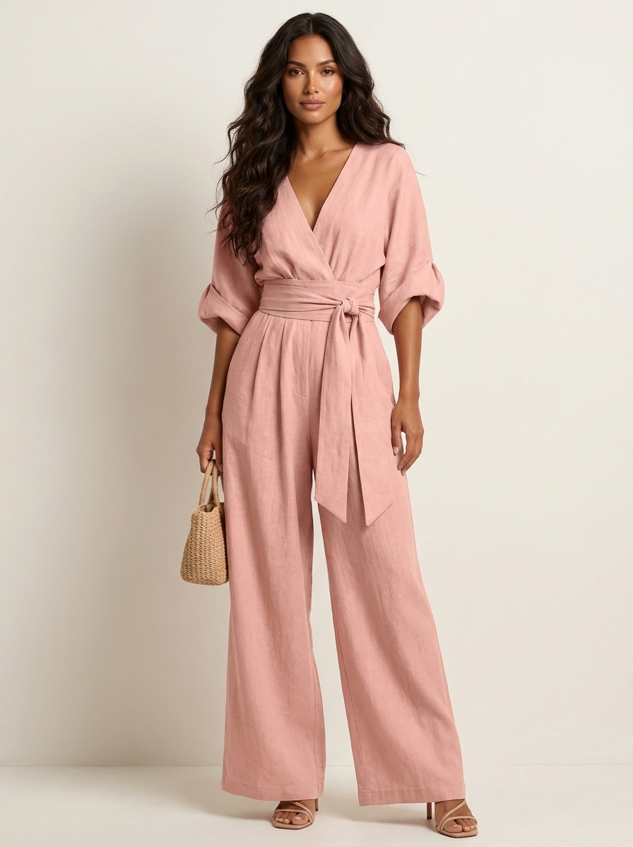 Women's jumpsuit in pink, v neck cinched waist