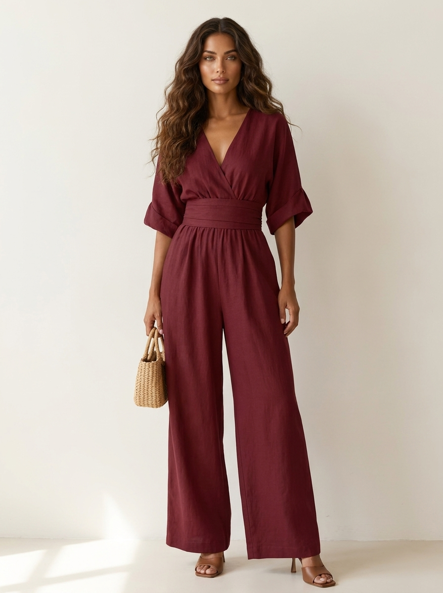 Women's jumpsuit in red, v neck cinched waist