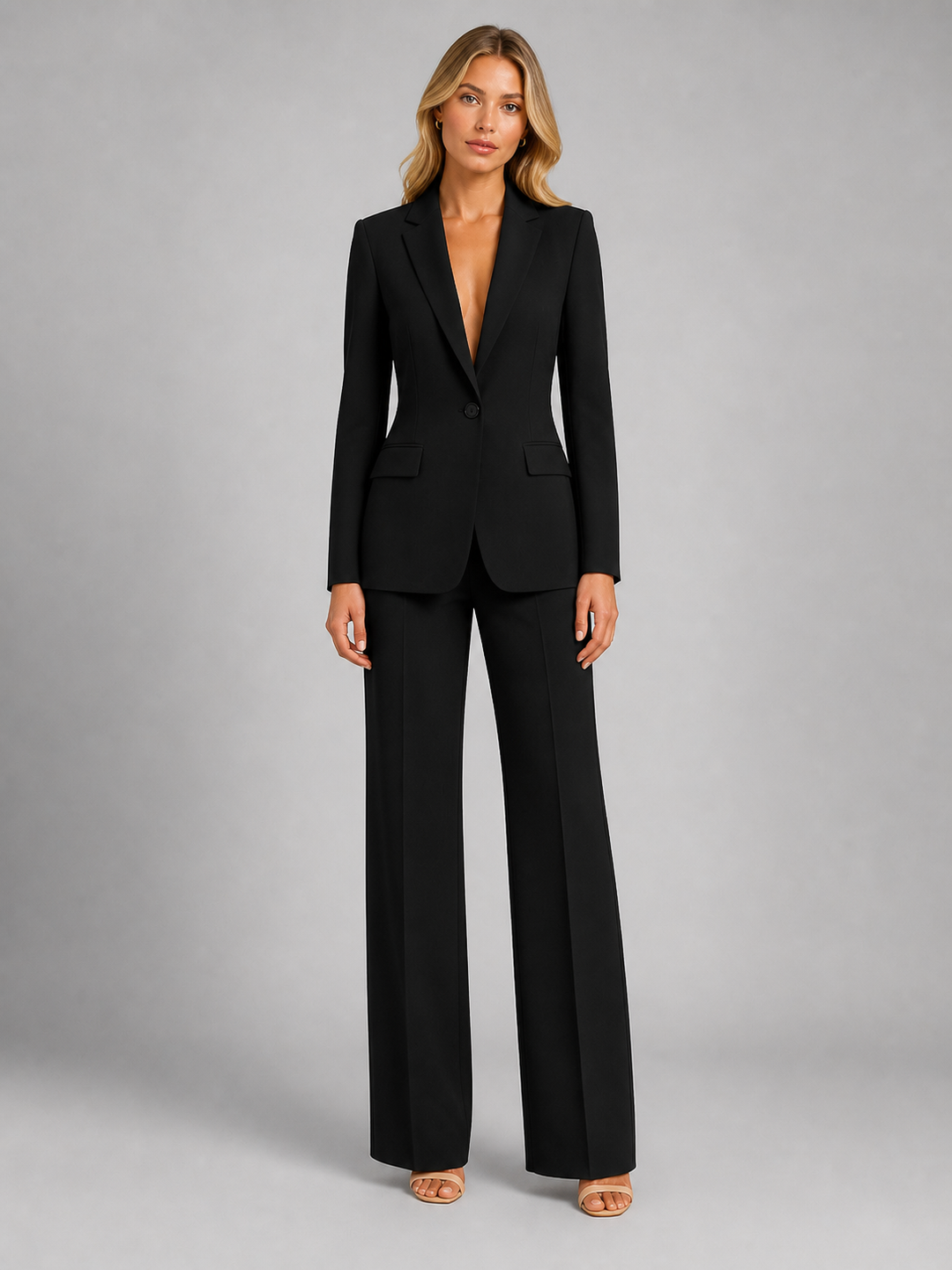 Women's trouser suit in black, single button blazer two piece