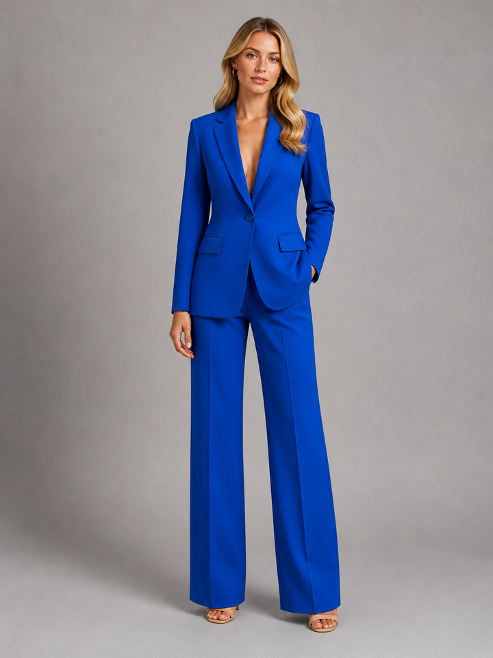Women's trouser suit in blue, single button blazer two piece