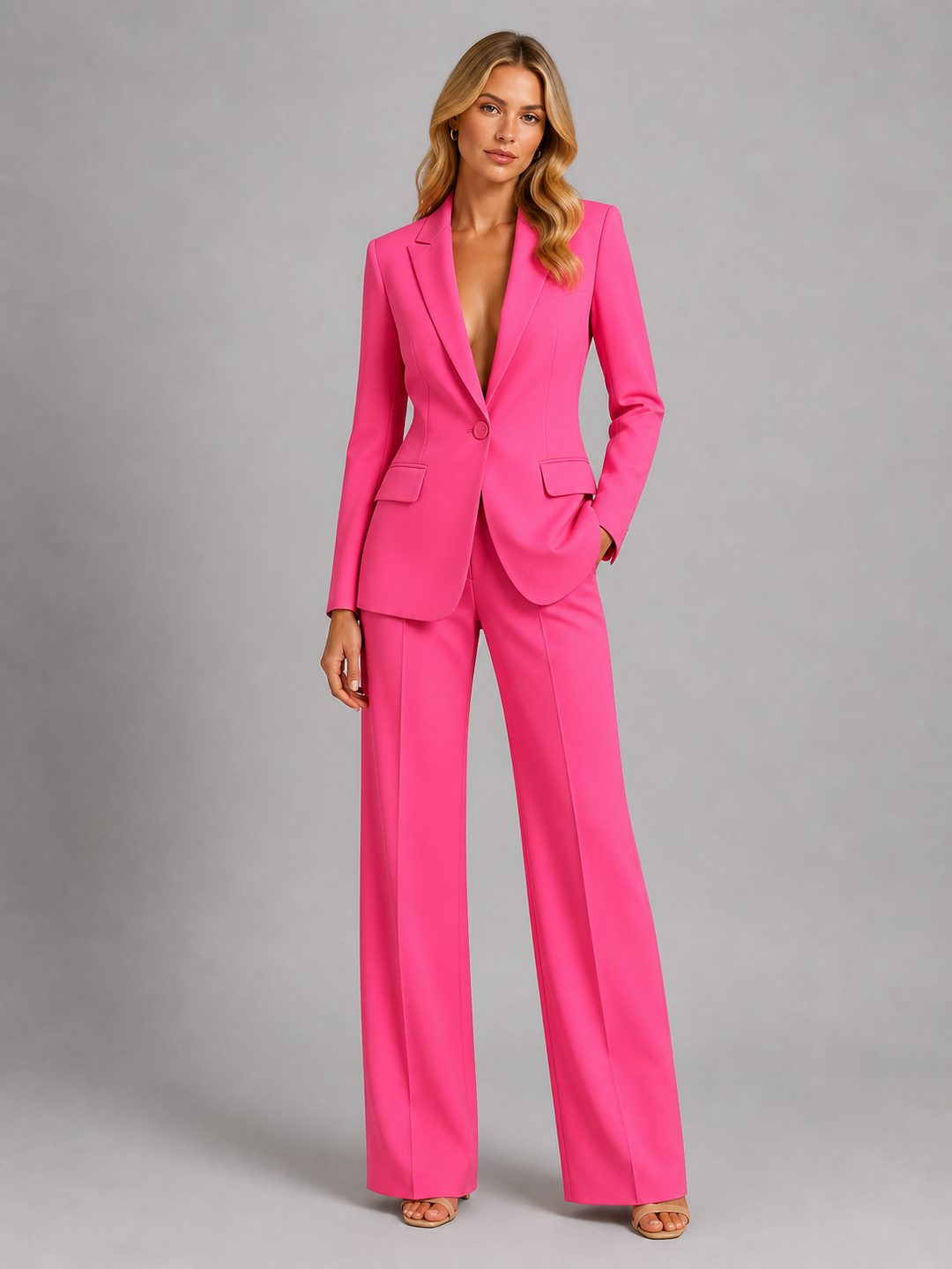 Women's trouser suit in pink, single button blazer two piece