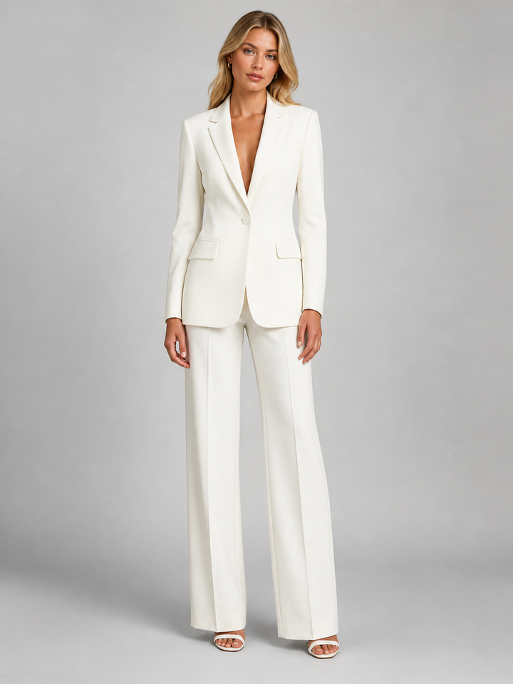 Women's trouser suit in white, single button blazer two piece