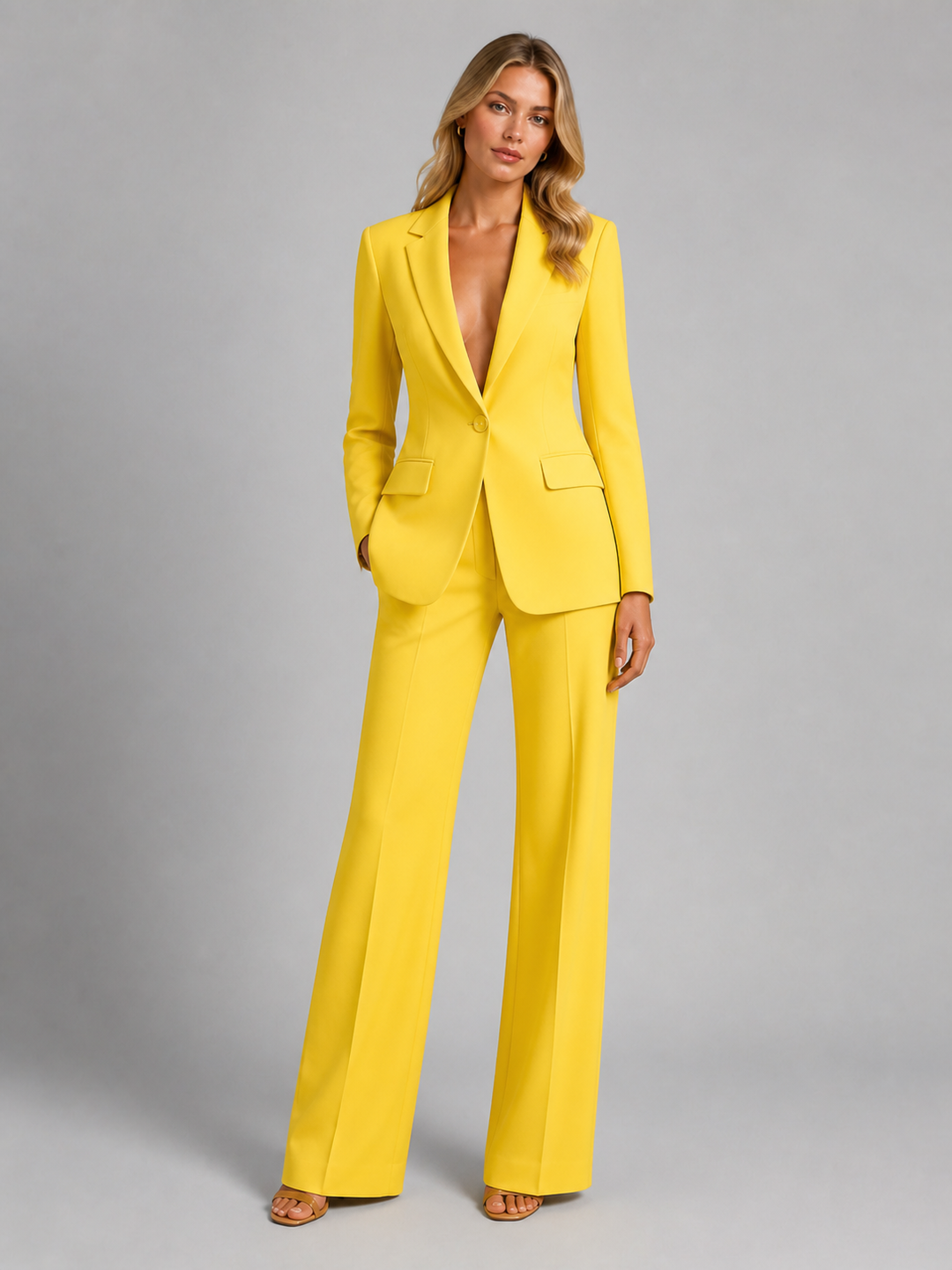 Women's trouser suit in yellow, single button blazer two piece