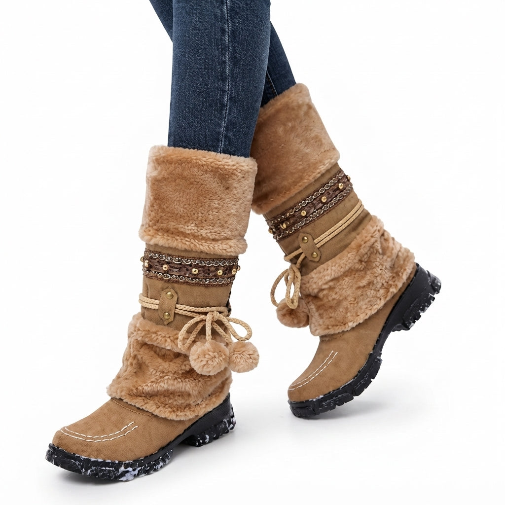 Model walking in the camel boots, showing the chunky grip sole