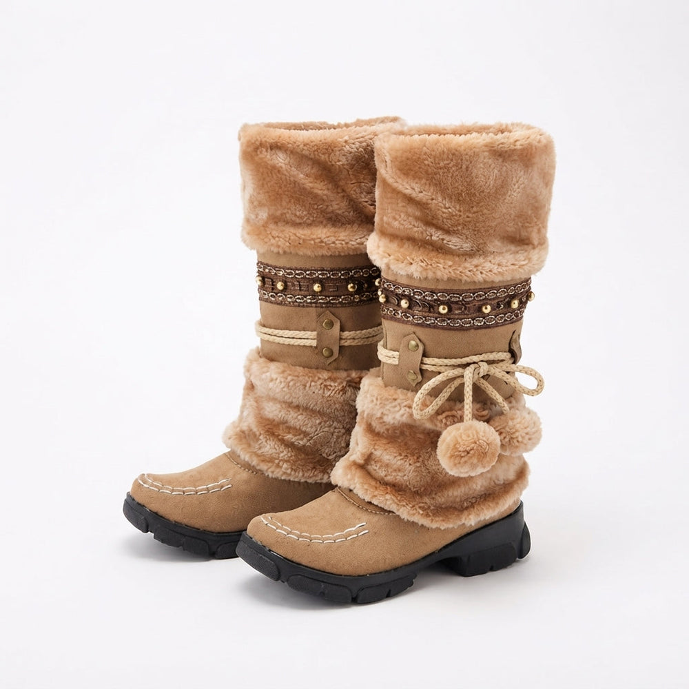 Pair of camel slouch boots with braided cord ties and fluffy cuffs
