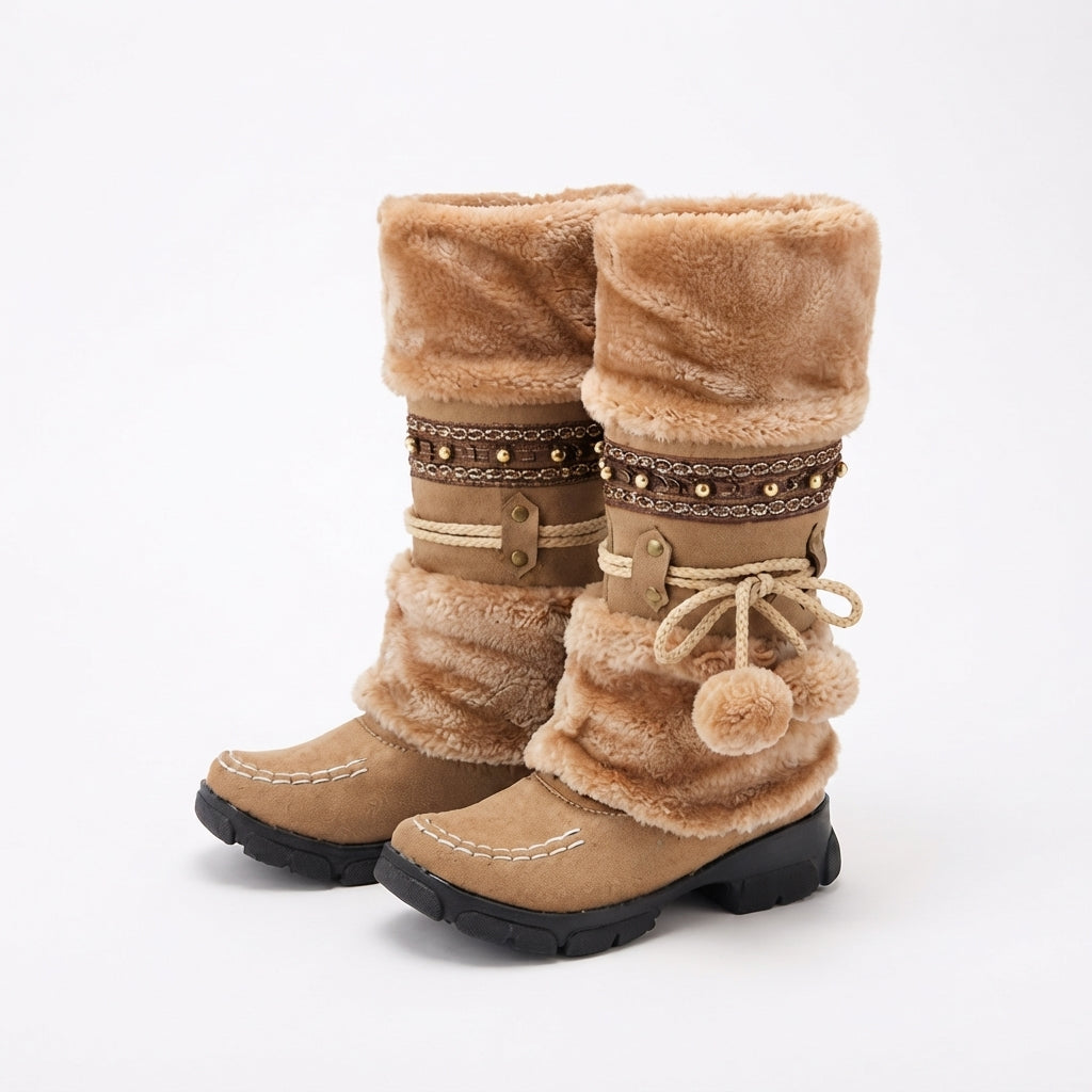 Pair of camel slouch boots with braided cord ties and fluffy cuffs
