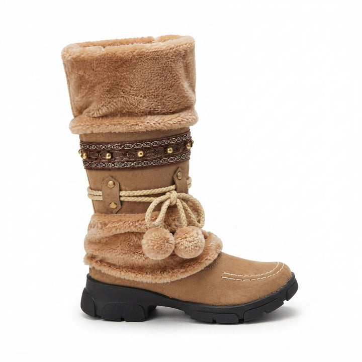 Women's winter boots in camel, faux fur slouch mid calf with pom poms