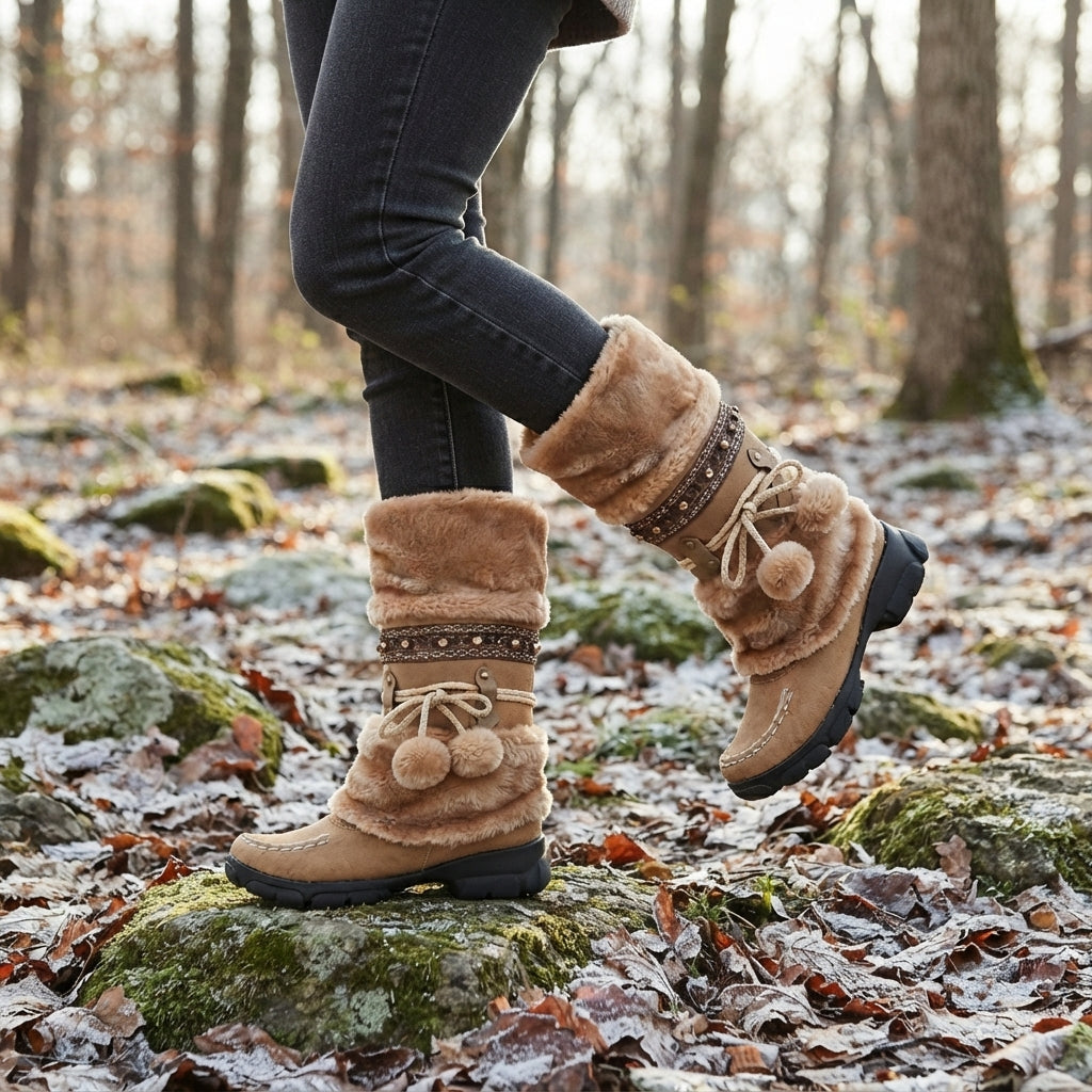 Camel faux fur boots worn outdoors on a frosty woodland path