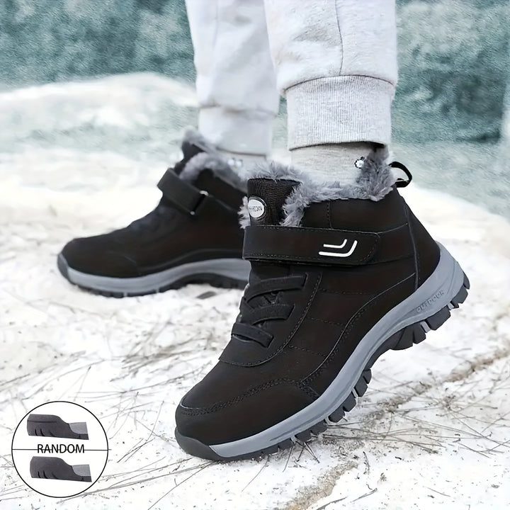Black fleece lined ankle boots with a touch fastening strap on an icy surface