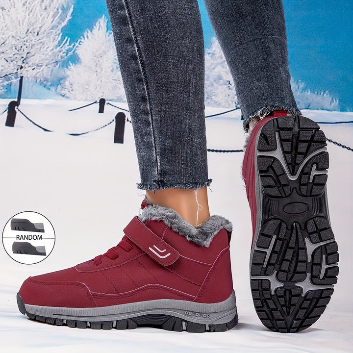 Red ankle boot with a fleece lined collar next to a boot sole showing the lug tread