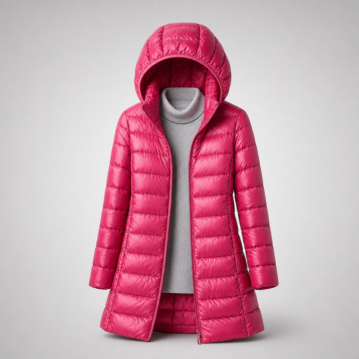 Fuchsia pink hooded padded coat worn open over a grey roll neck