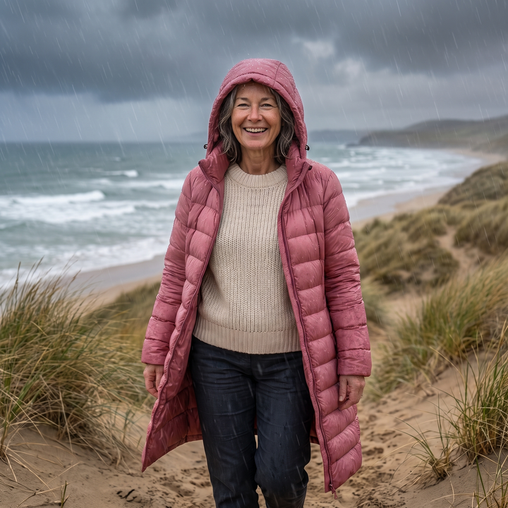 Woman wearing a pink hooded padded coat open over a cream jumper on a windy beach