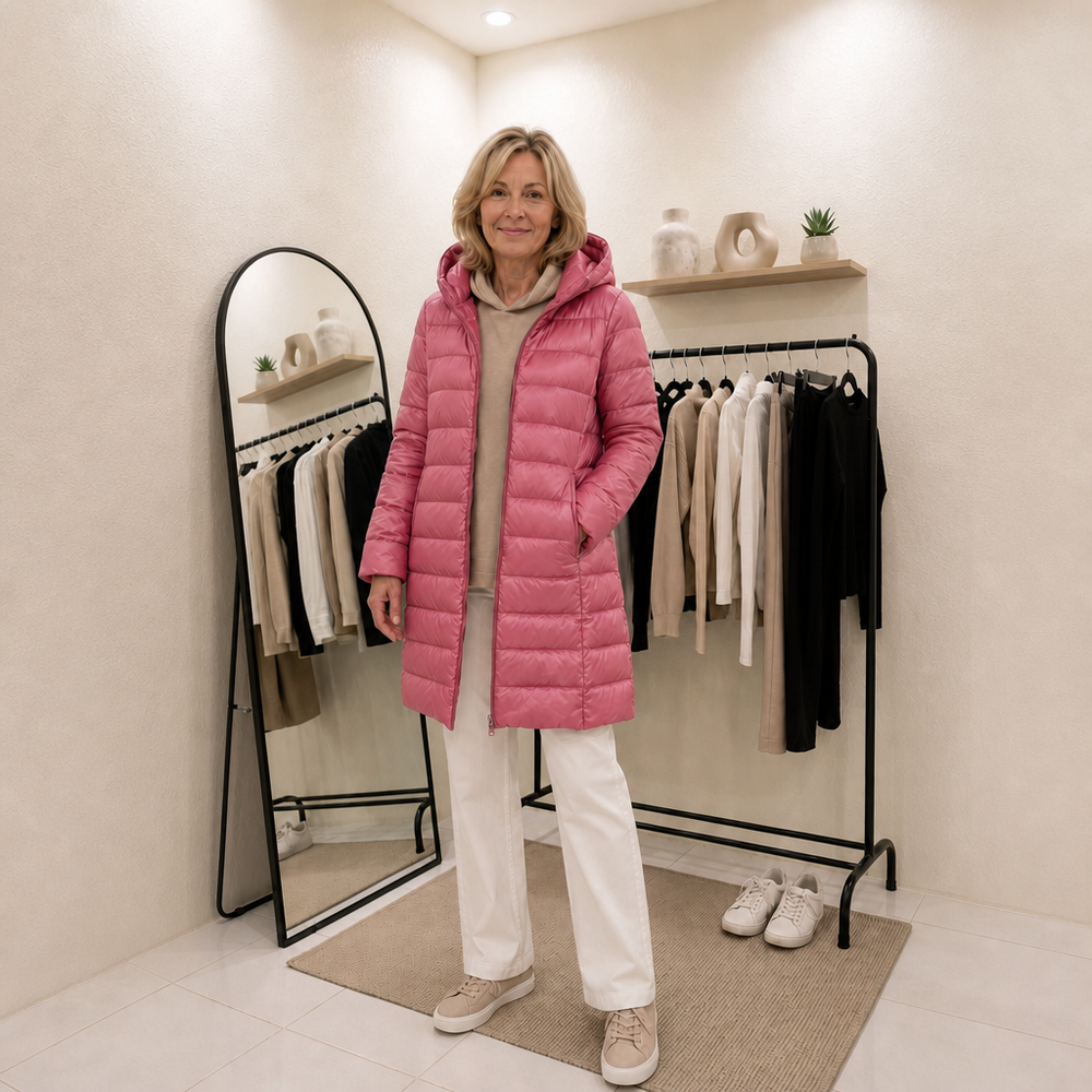 Woman in a pink long padded coat standing in a boutique beside a clothes rail