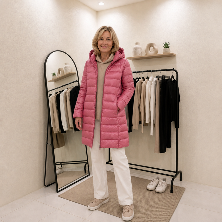 Woman in a pink long padded coat standing in a boutique beside a clothes rail