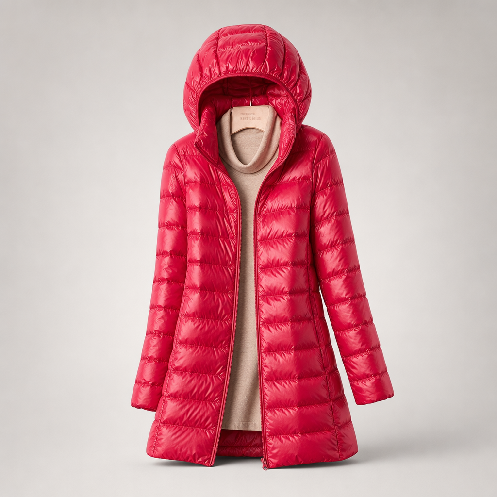 Red long hooded padded coat with quilted channels over a cream roll neck
