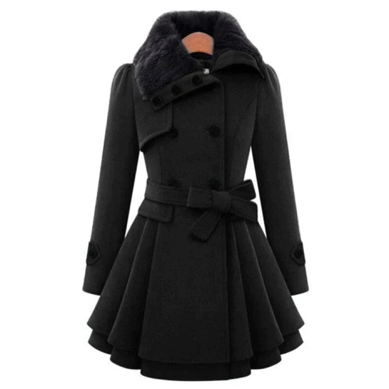 Black winter coat with buttoned cuffs and a layered flared skirt