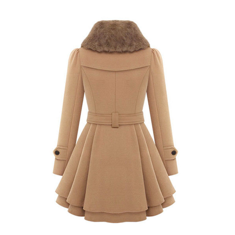 Back of the camel coat with a fur trimmed collar and belt loops