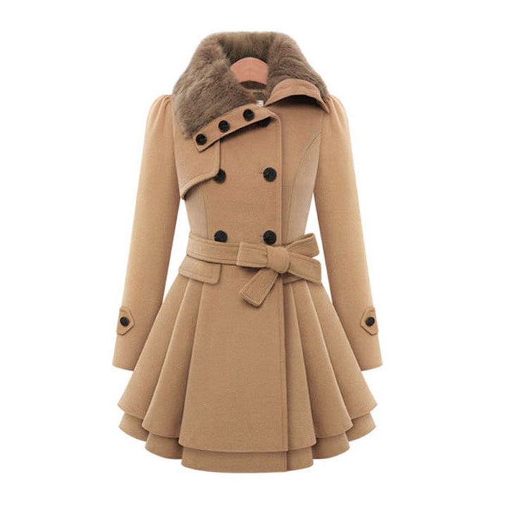 Women's winter trench coat in camel, faux fur collar belted peplum