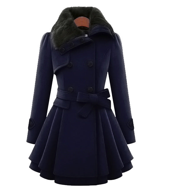 Navy belted coat with a flared peplum hem and dark fur collar