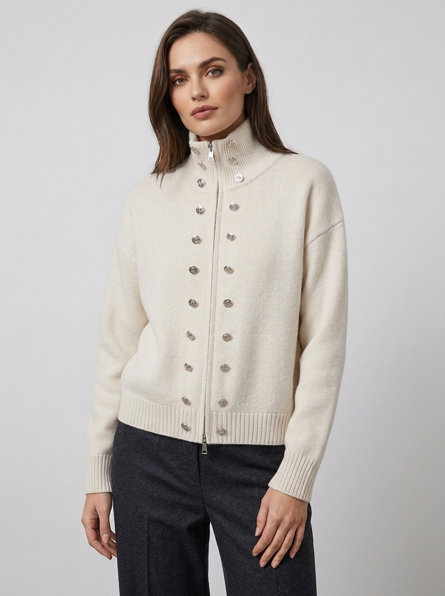 Women's zip cardigan in beige, funnel neck stud detail knitted