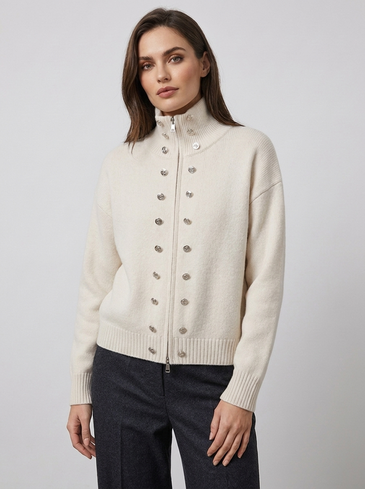 Women's zip cardigan in beige, funnel neck stud detail knitted