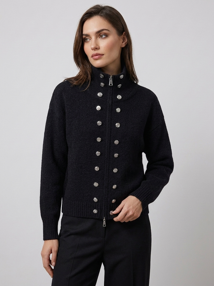 Women's zip cardigan in black, funnel neck stud detail knitted