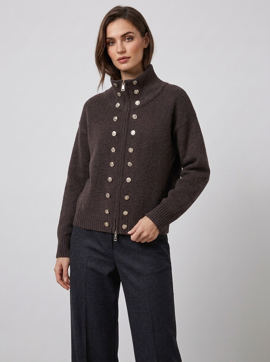 Women's zip cardigan in brown, funnel neck stud detail knitted