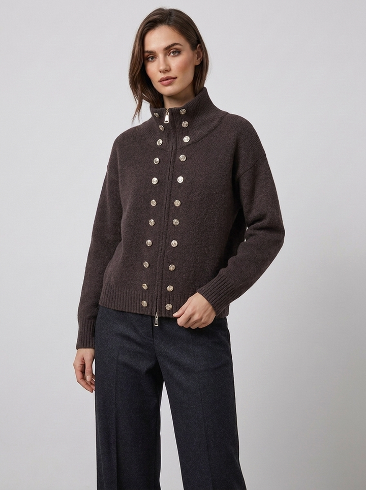 Women's zip cardigan in brown, funnel neck stud detail knitted