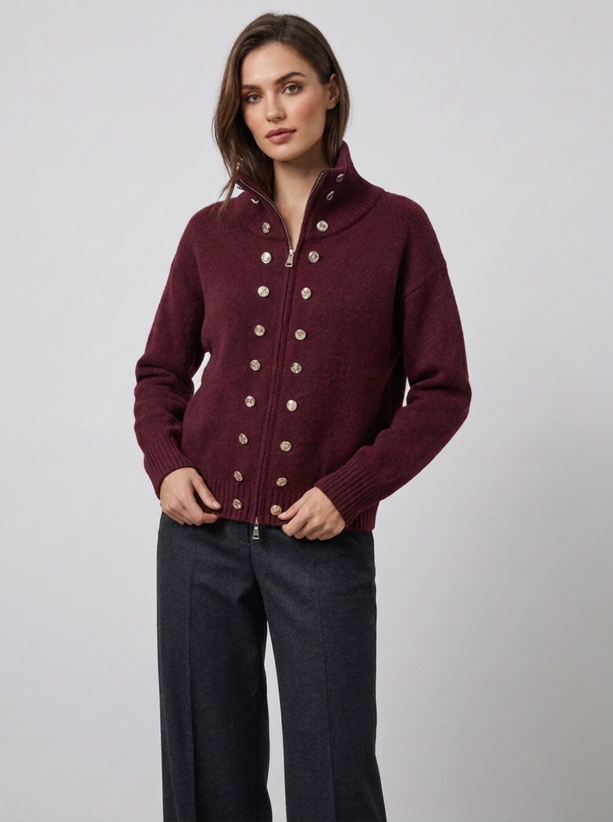 Women's zip cardigan in burgundy, funnel neck stud detail knitted