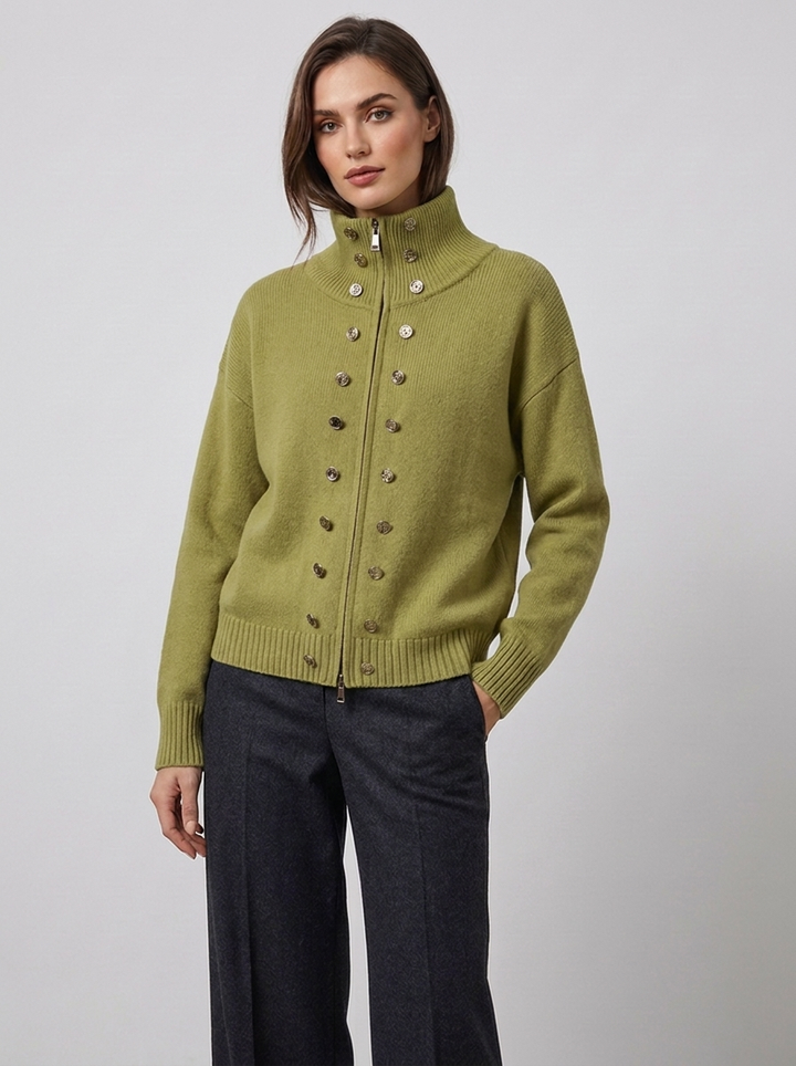 Women's zip cardigan in green, funnel neck stud detail knitted