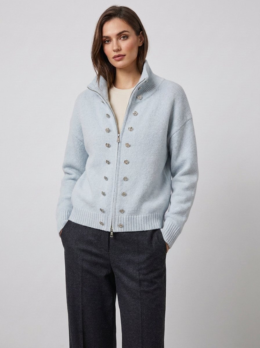 Women's zip cardigan in light blue, funnel neck stud detail knitted