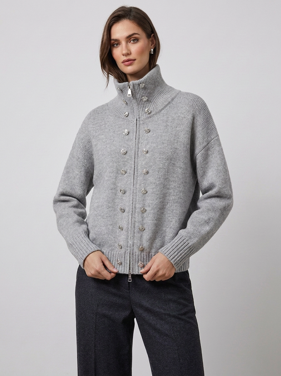 Women's zip cardigan in light grey, funnel neck stud detail knitted
