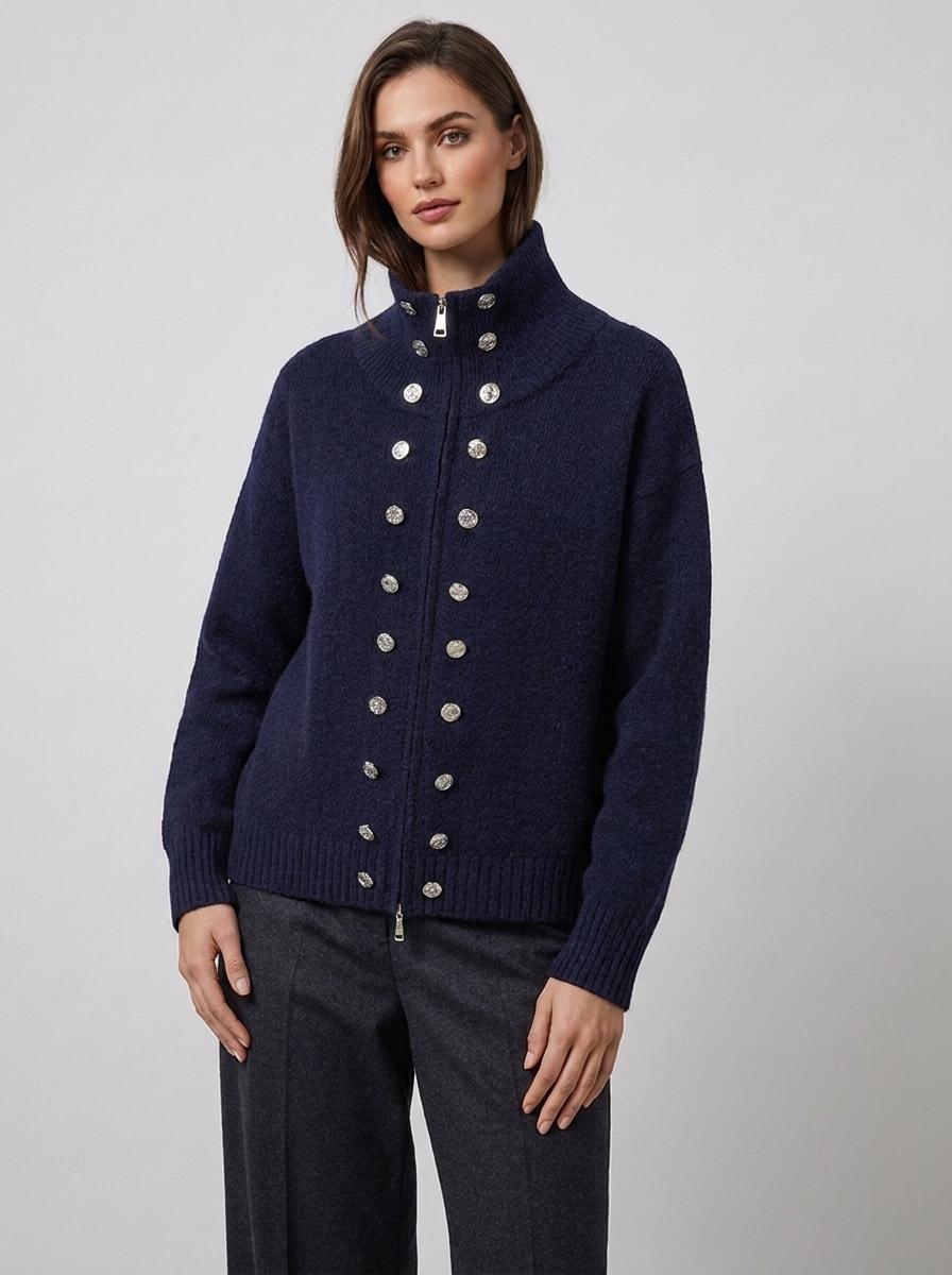 Women's zip cardigan in navy, funnel neck stud detail knitted