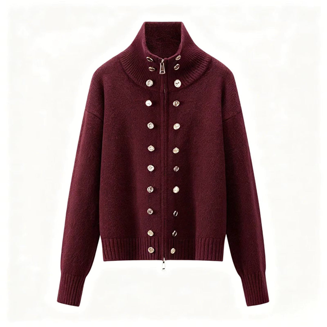 Women's zip cardigan, funnel neck stud detail knitted, view 2