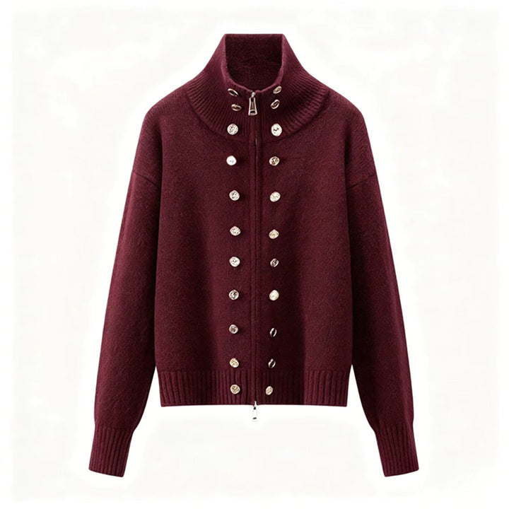 Women's zip cardigan, funnel neck stud detail knitted, view 2