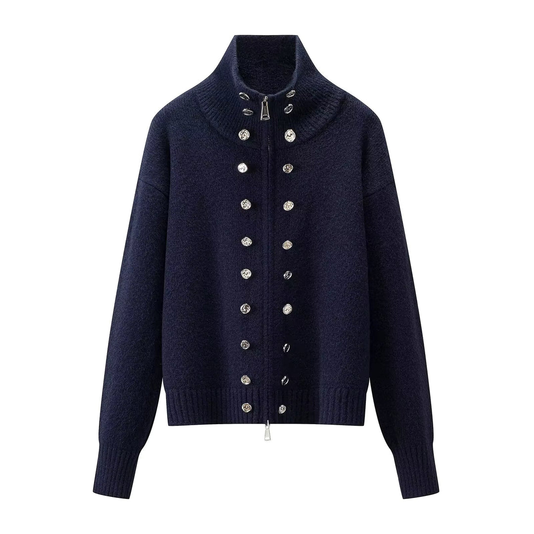Women's zip cardigan, funnel neck stud detail knitted, view 3