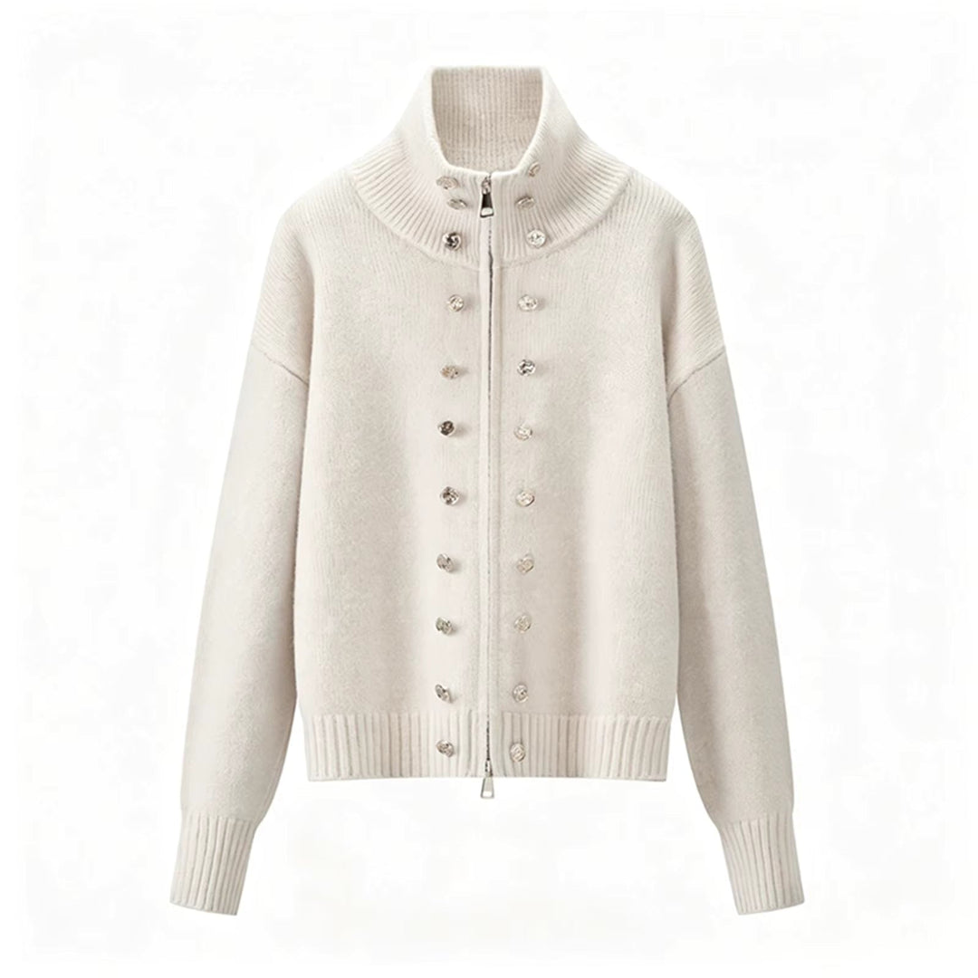 Women's zip cardigan, funnel neck stud detail knitted, view 4