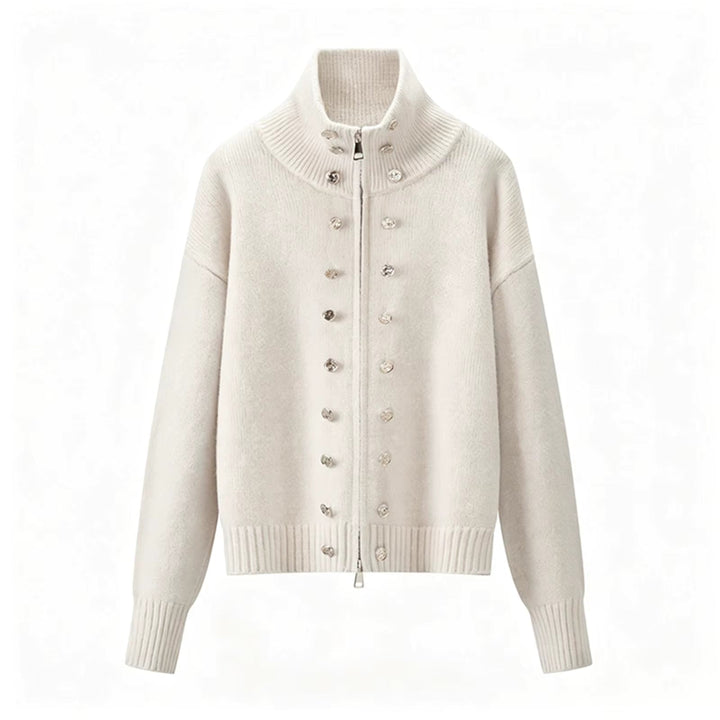 Women's zip cardigan, funnel neck stud detail knitted, view 4