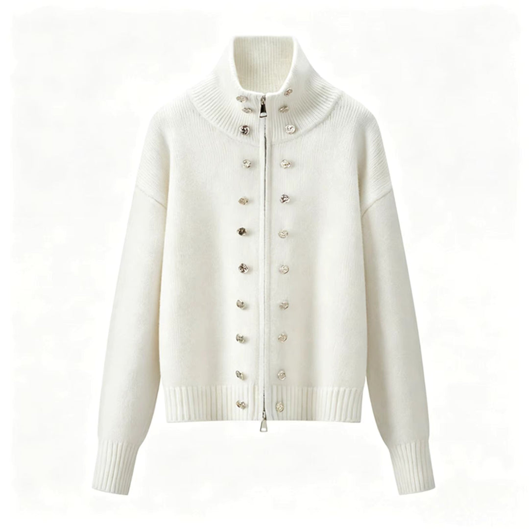 Women's zip cardigan, funnel neck stud detail knitted, view 5