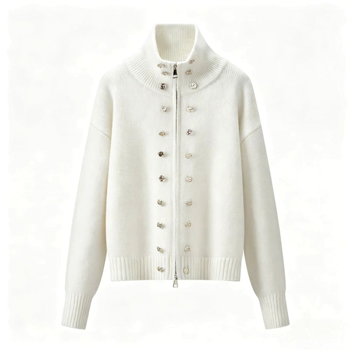 Women's zip cardigan, funnel neck stud detail knitted, view 5