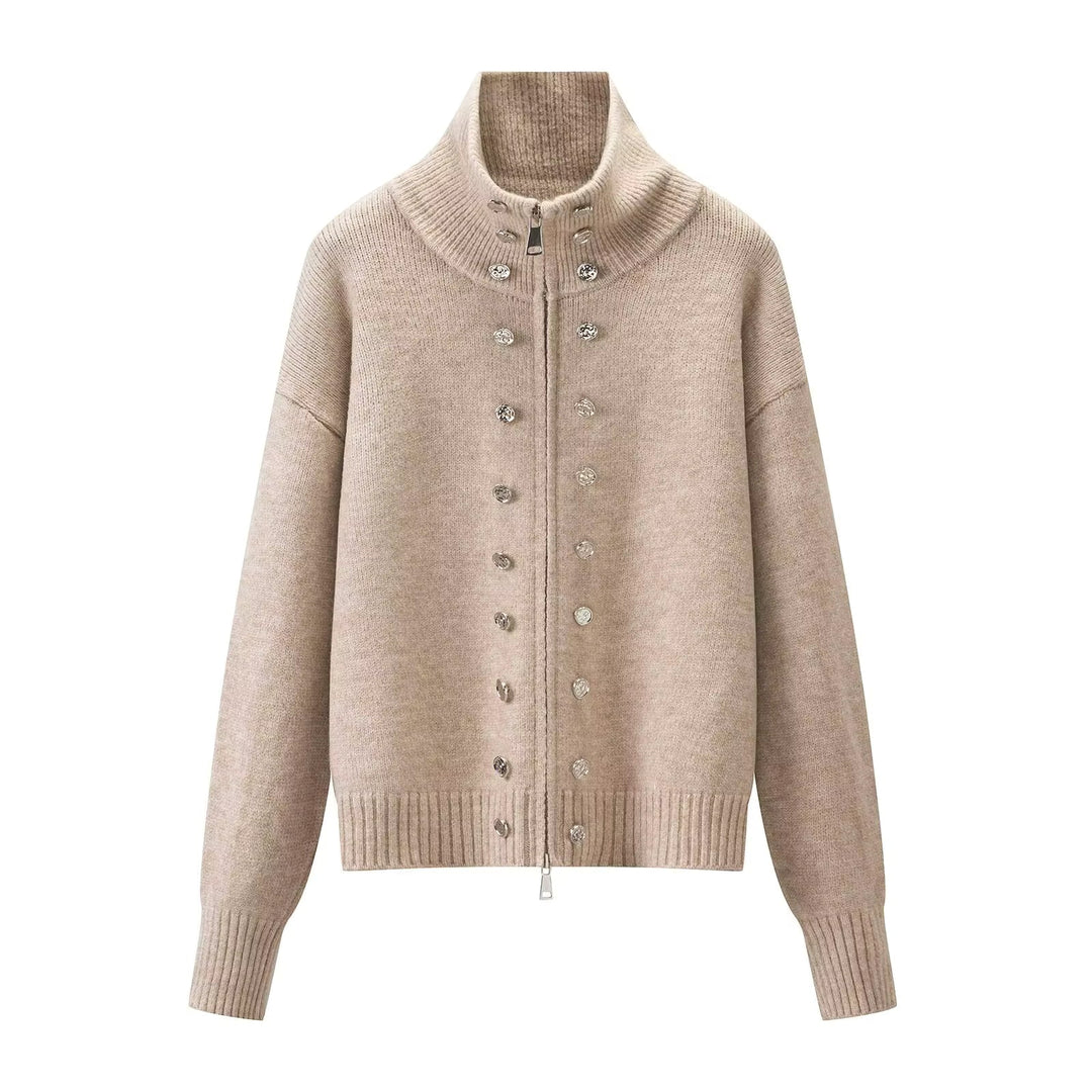 Women's zip cardigan, funnel neck stud detail knitted, view 6