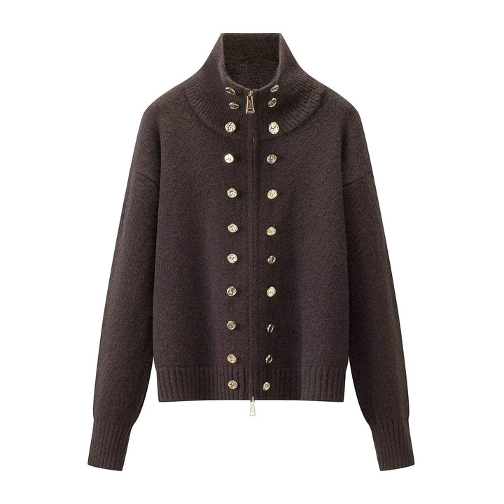 Women's zip cardigan, funnel neck stud detail knitted, view 7