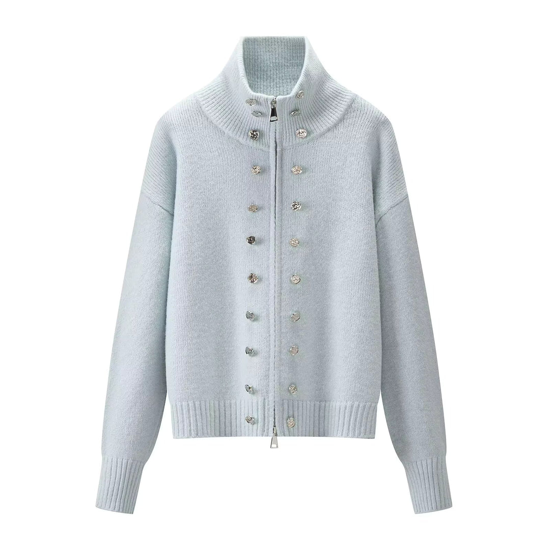 Women's zip cardigan, funnel neck stud detail knitted, view 8