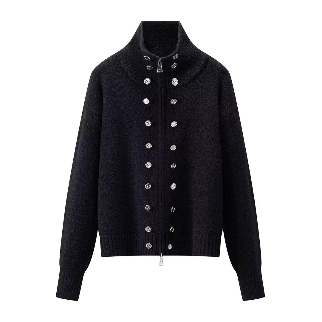 Women's zip cardigan, funnel neck stud detail knitted, view 9