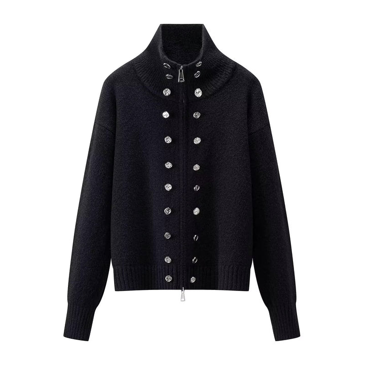 Women's zip cardigan, funnel neck stud detail knitted, view 9