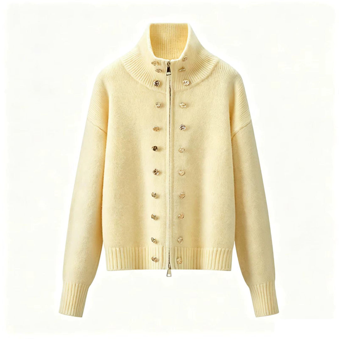 Women's zip cardigan, funnel neck stud detail knitted, view 1