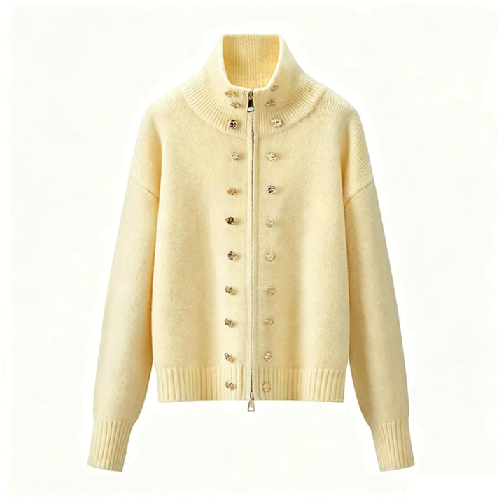 Women's zip cardigan, funnel neck stud detail knitted, view 1