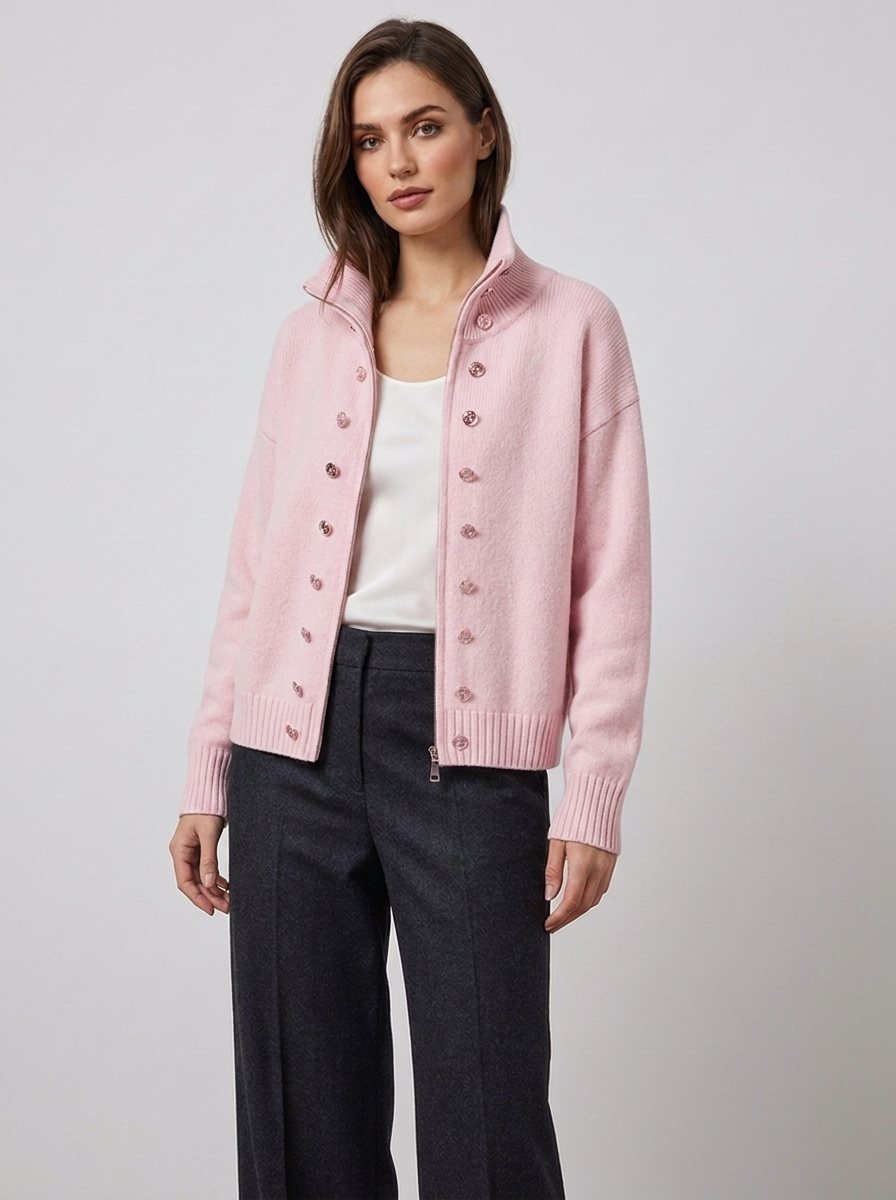Women's zip cardigan in pink, funnel neck stud detail knitted